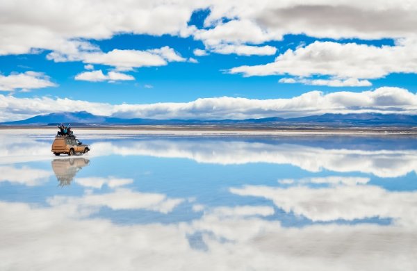 Driving across the Bolivian salt flats