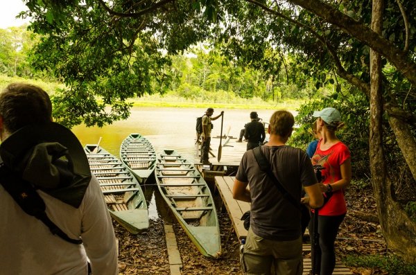 Tourists getting ready for the boat tour in the Amazon Jungle