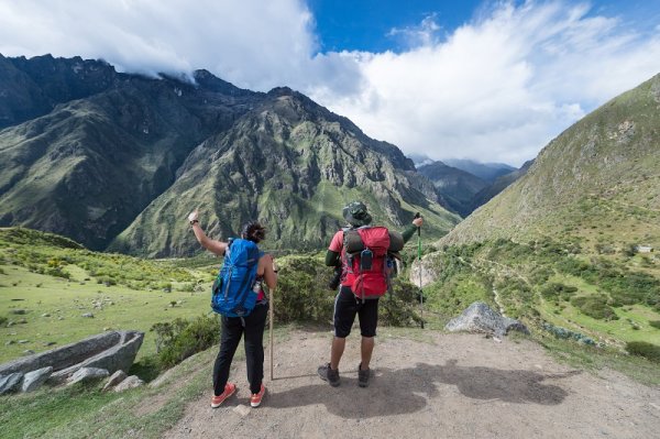 Two people hiking the Inca Trail to Machu Picchu, Peru