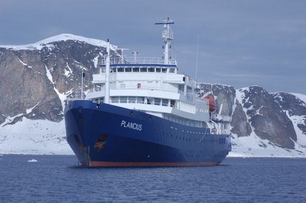 Mid range vessel Plancius cruising in Antarctica waters