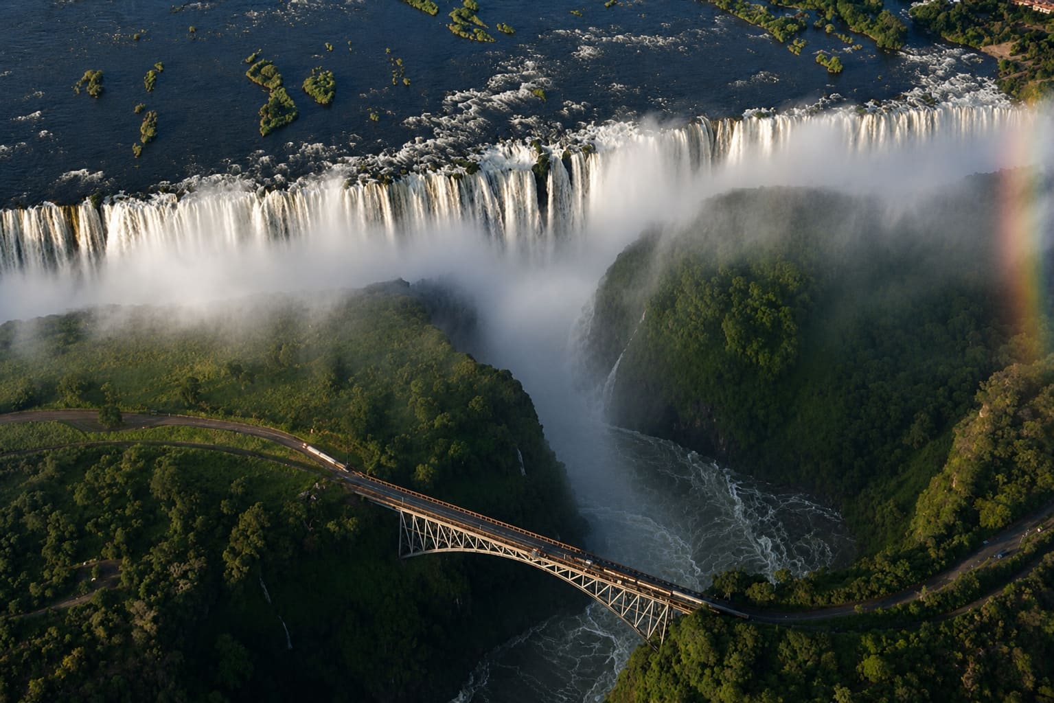 The dramatic Victoria Falls in Zambia, with mist rising from the Zambezi River as a train crosses the iconic Victoria Falls Bridge