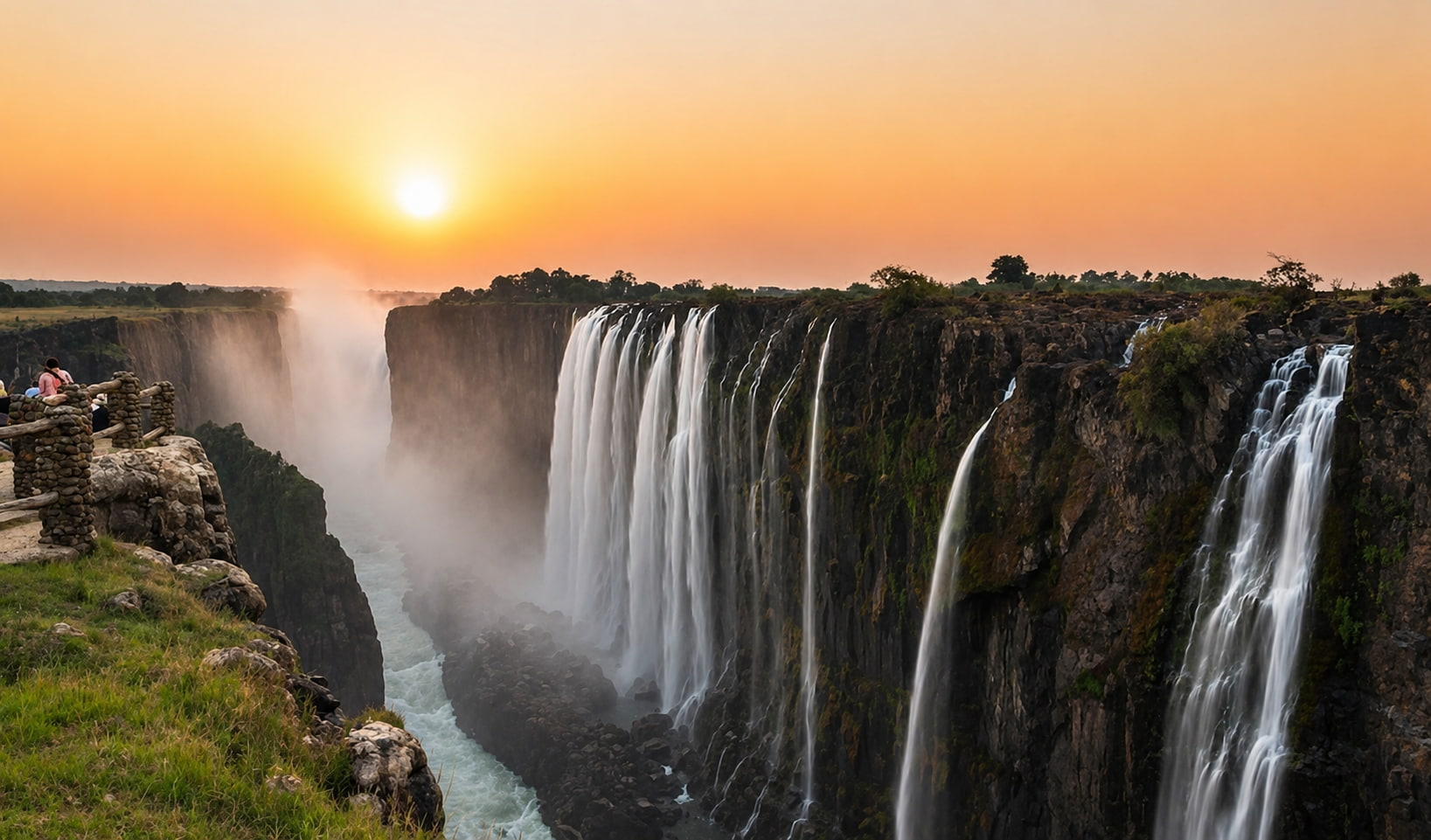View of Victoria Falls from the Zambian side at sunset