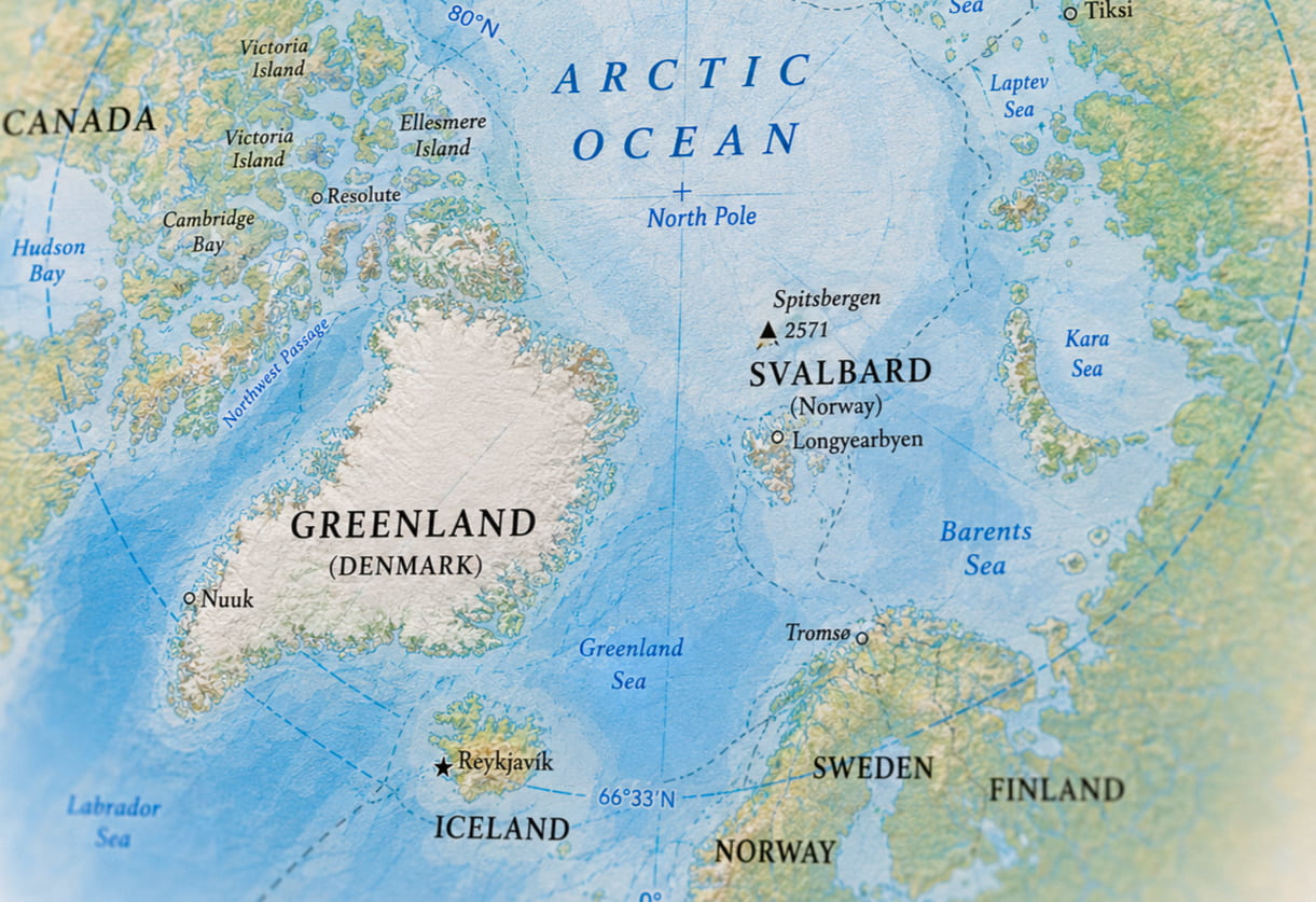 Map of the Arctic showing Svalbard, Greenland, Iceland and the Canadian Arctic