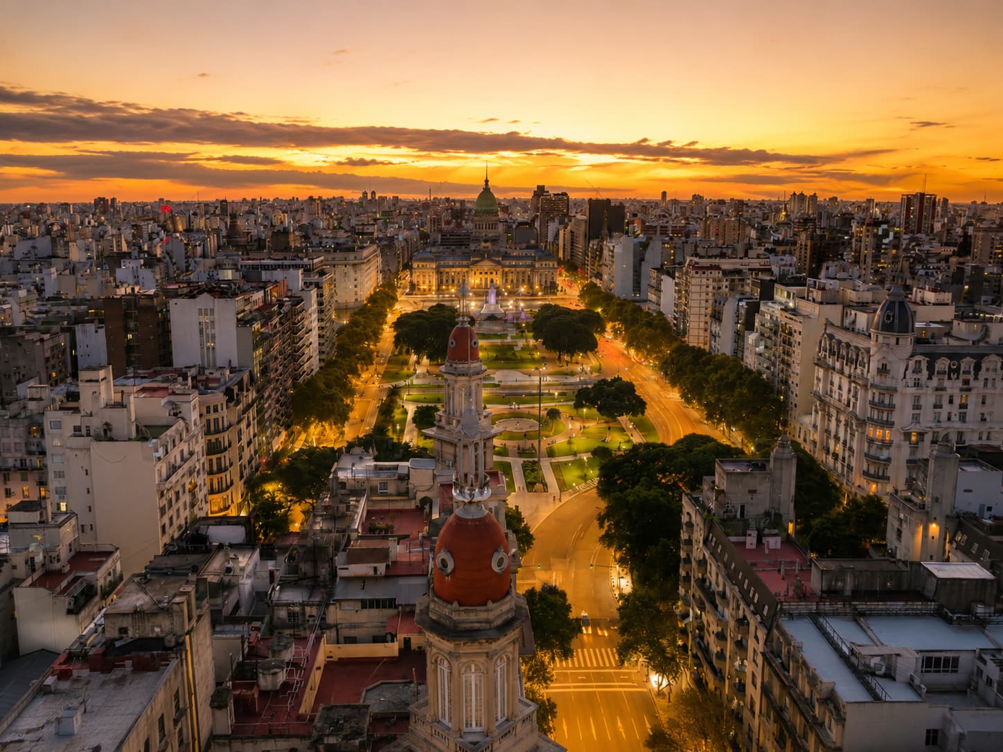 Sunset drone shot of Buenos Aires, Argentina