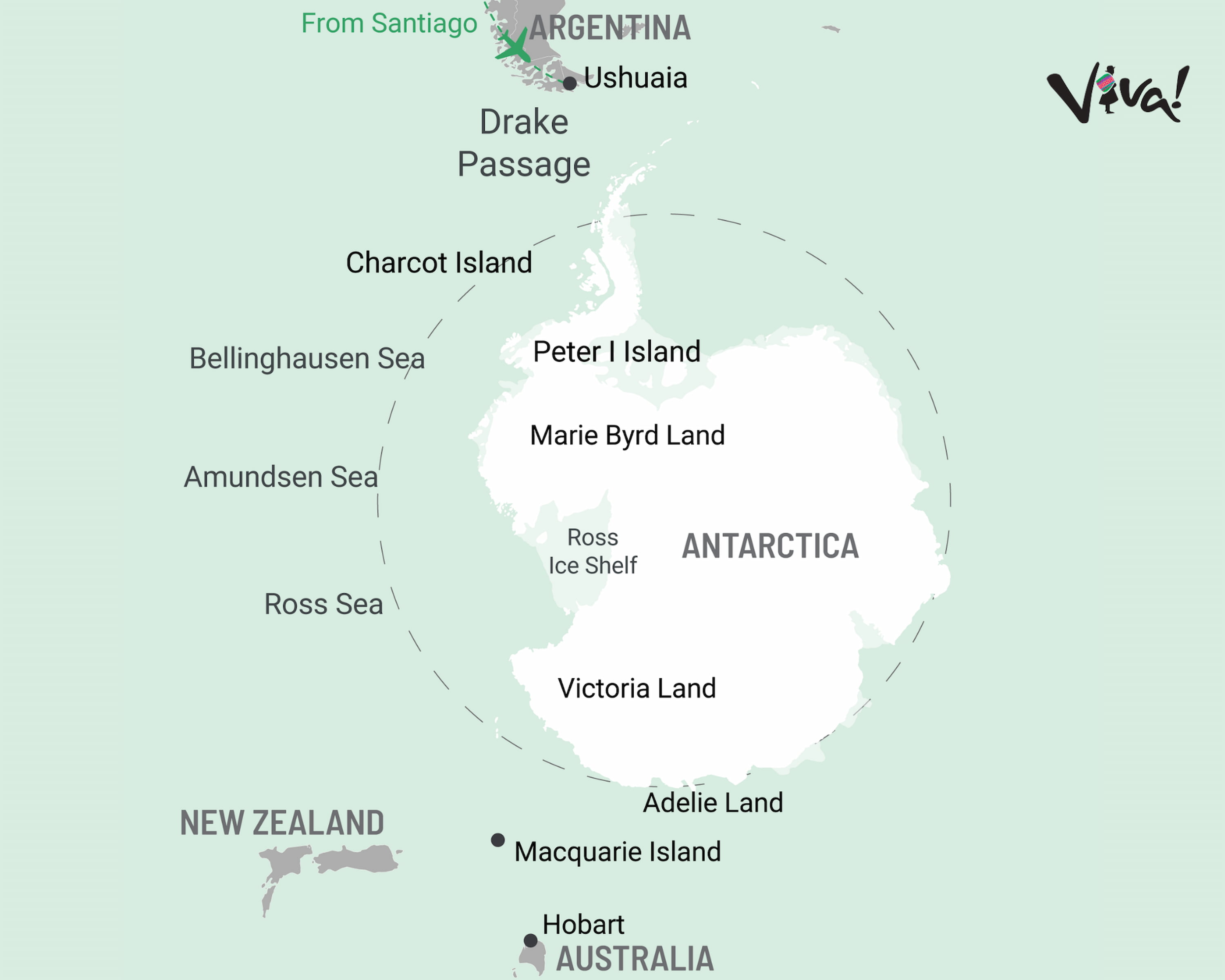 Map showing the distance from South America and New Zealand to Antarctica