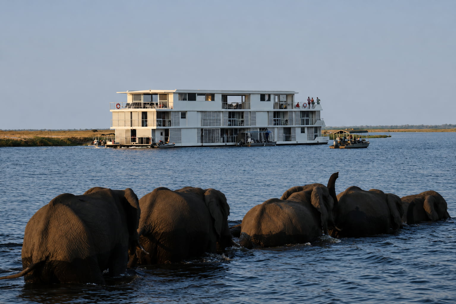 Elephant herd coming to drink on the Chobe River, Botswana, seen from the Zambezi Queen luxury houseboat.