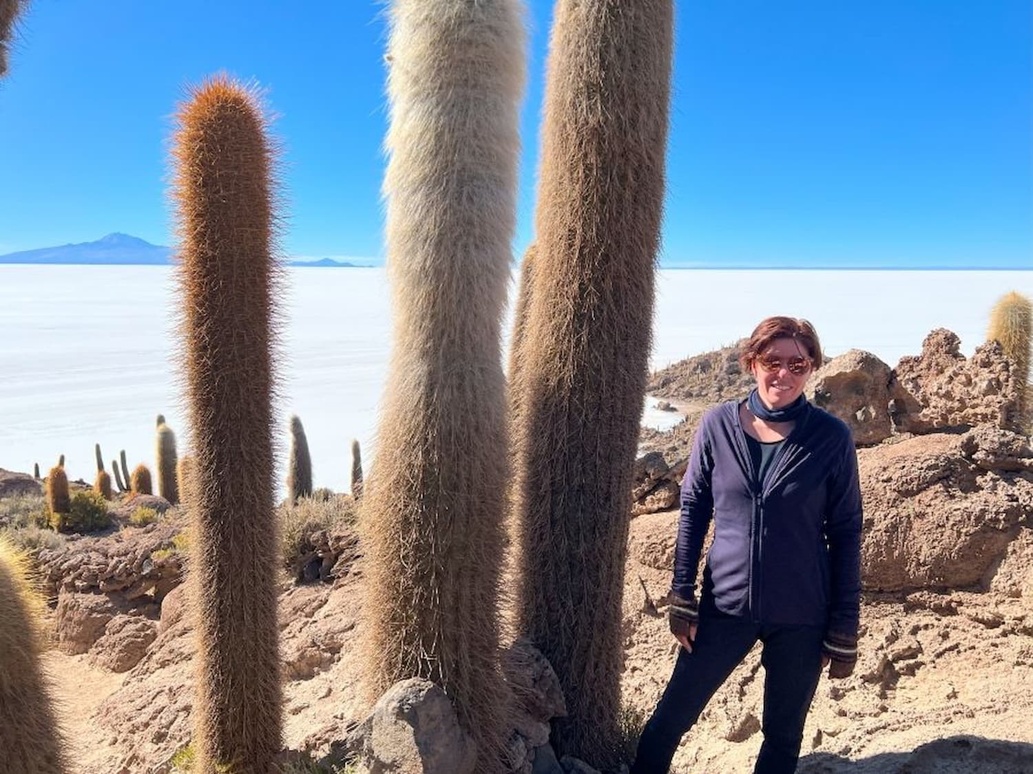 Tara standing next to the Giant cacti in Incahuasi Island. Tara standing next to the Giant cacti in Incahuasi Island.