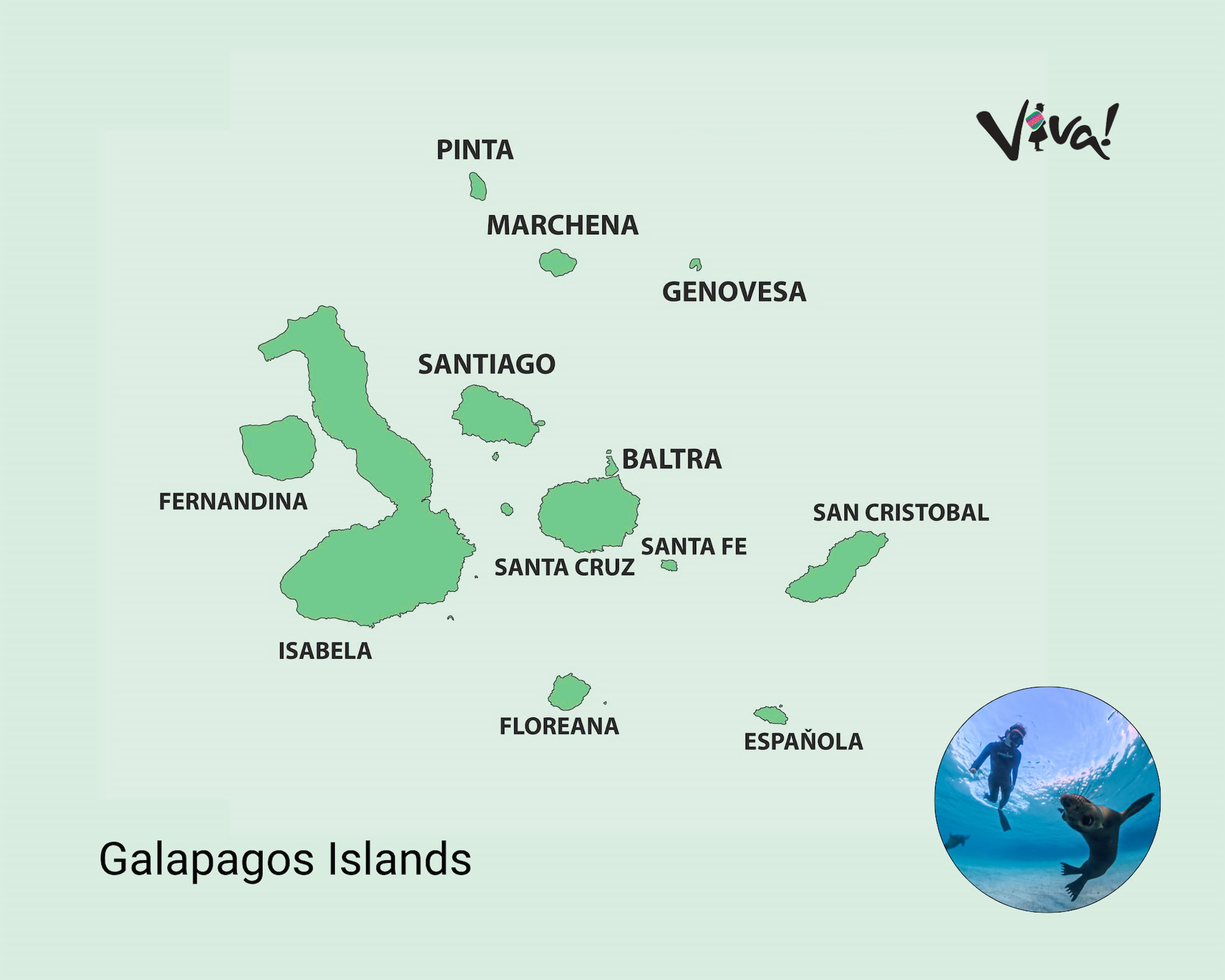 Close up map of the Galapagos showing the main islands cruises sail to.
