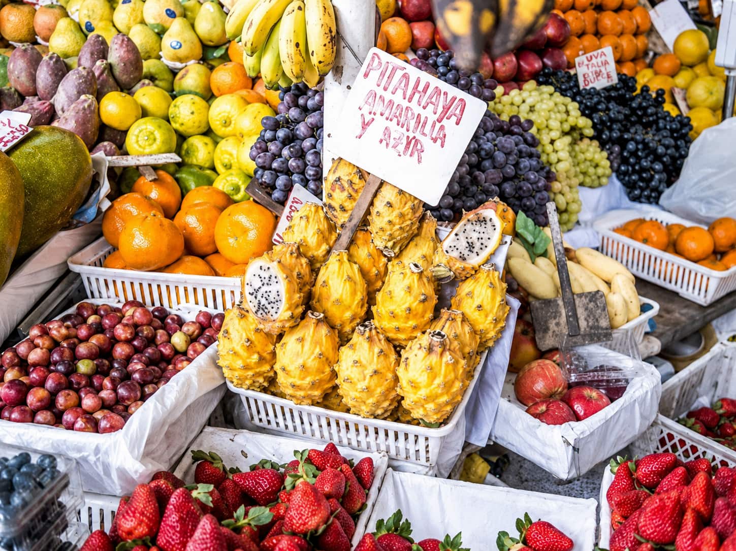 Fresh produce stalls at Surquillo Market, Lima, Peru