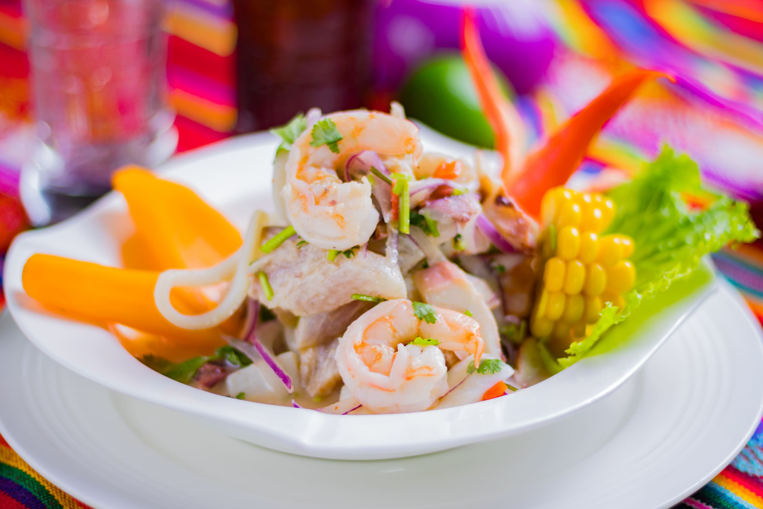 Traditional Peruvian ceviche with red onion, corn and sweet potato, Lima