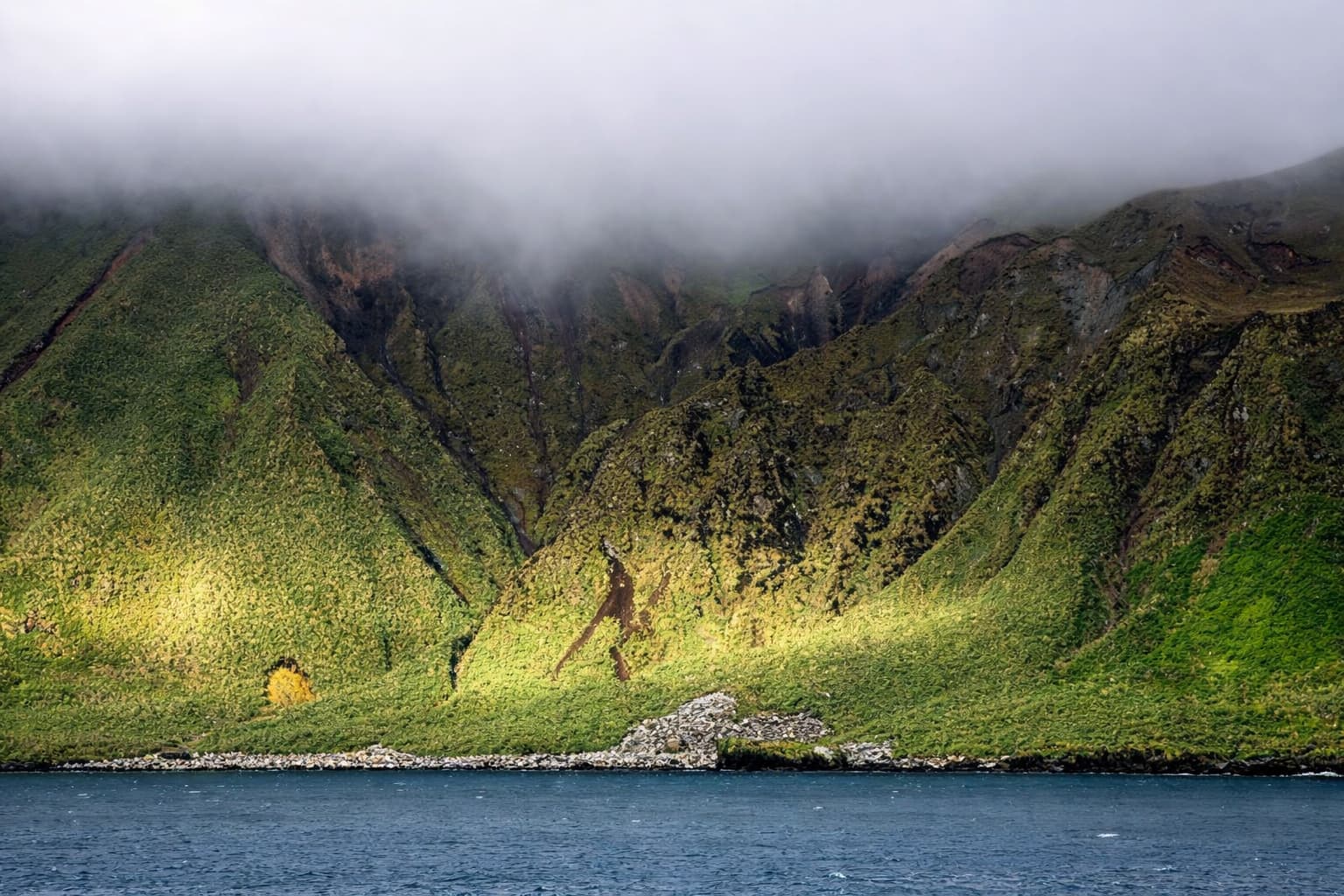 Rugged coastal cliffs and misty shores.