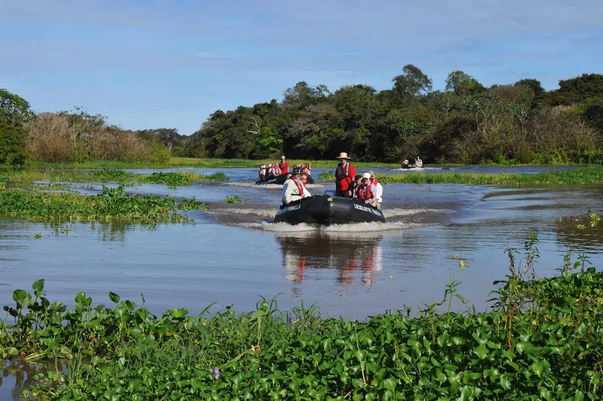 Guests in a skiff on a flooded forest channel, Brazilian Amazon.
