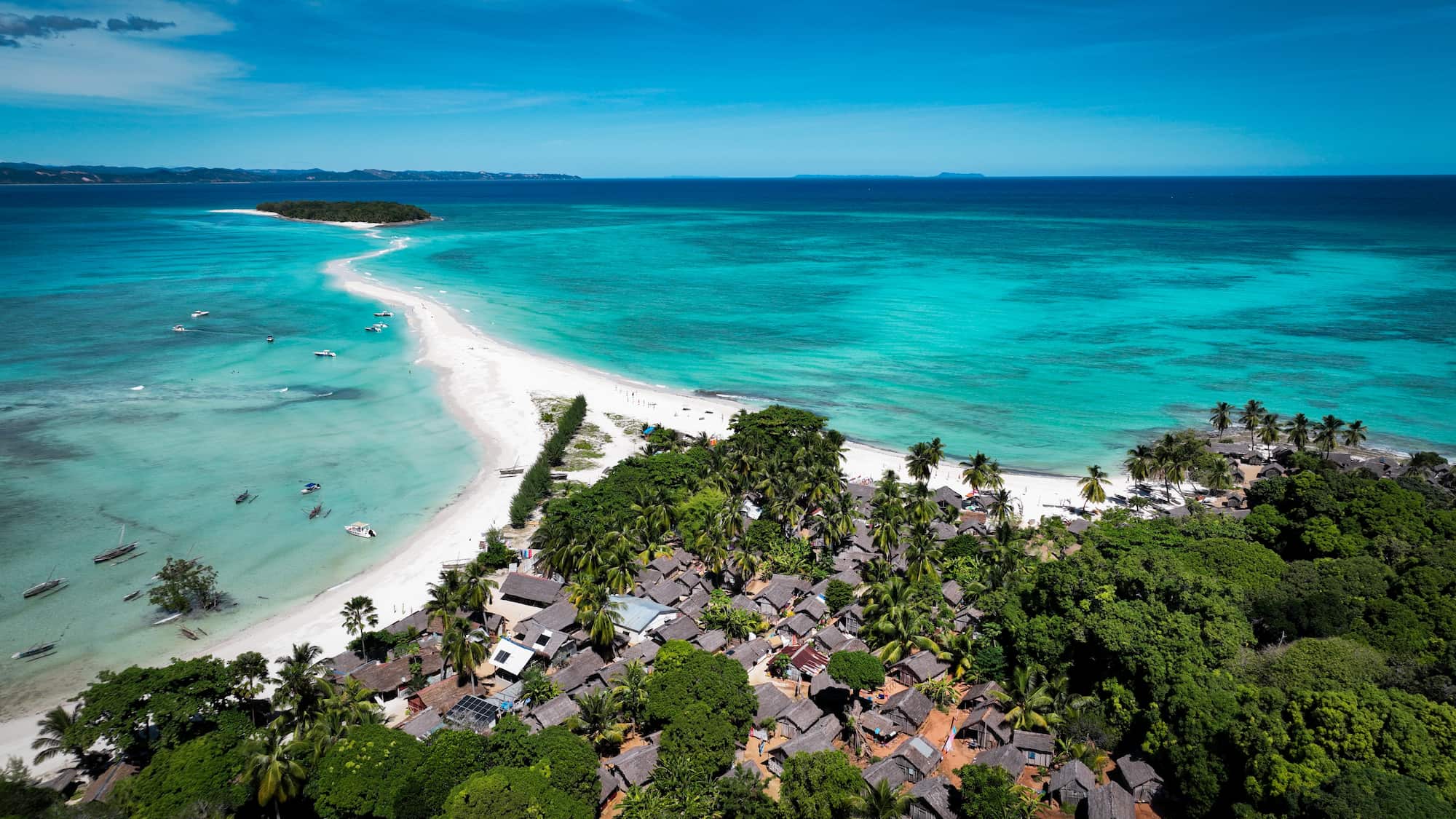 Aerial view of a white sandbar connecting two islands at low tide, Nosy Iranja, Madagascar