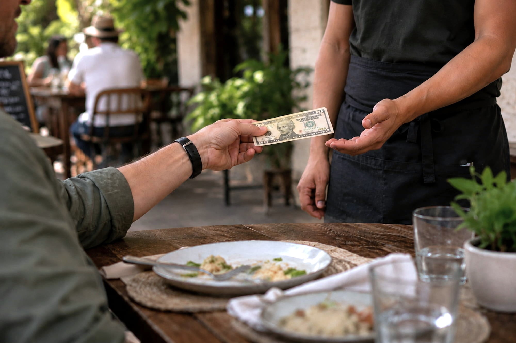 A guest giving a few dollars as a tip to a restaurant staff member