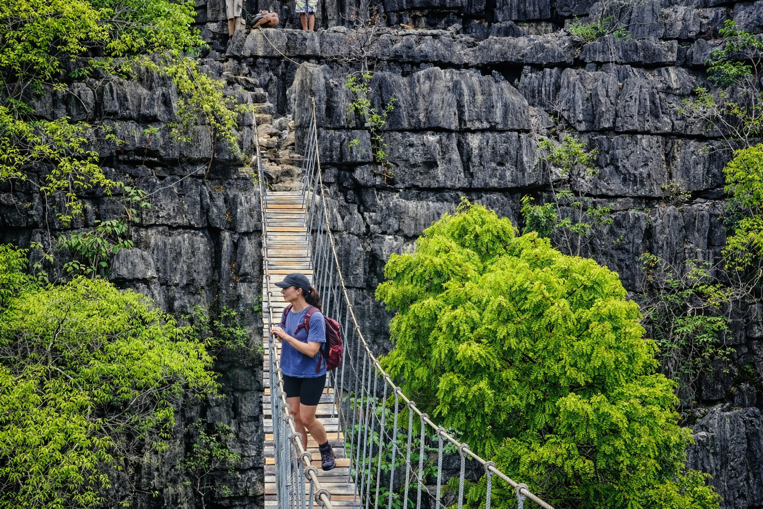 Tracy chilling on the hanging bridge, enjoying the view