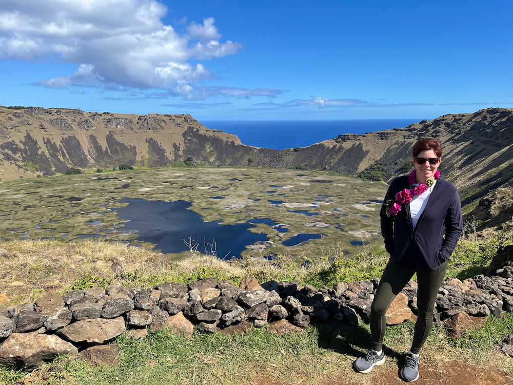 Tara at the rim of Rano Kau.