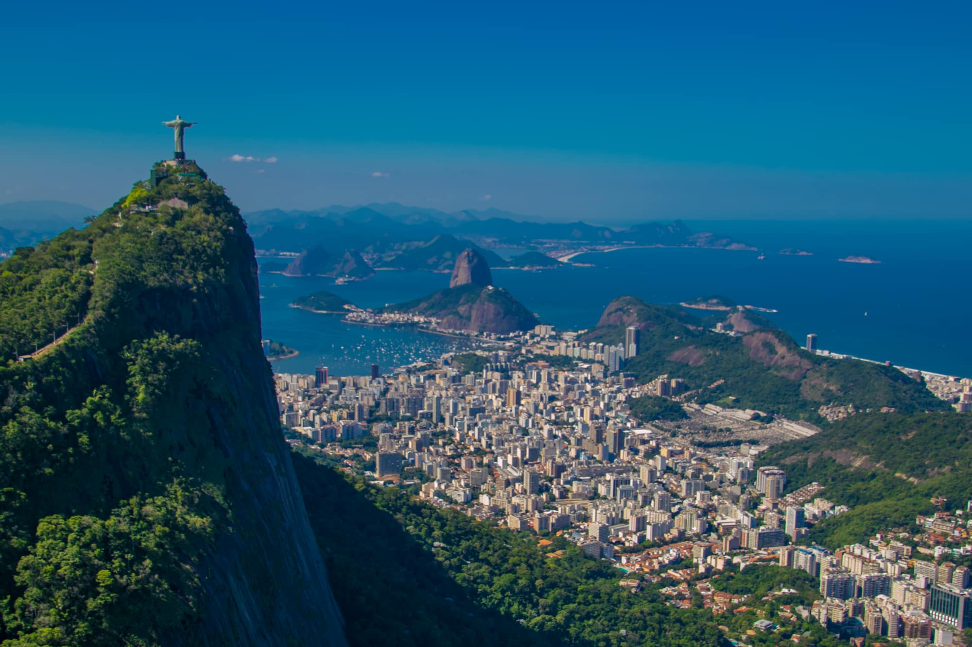 View over Rio de Janeiro with Sugarloaf Mountain and the coastline, Brazil.