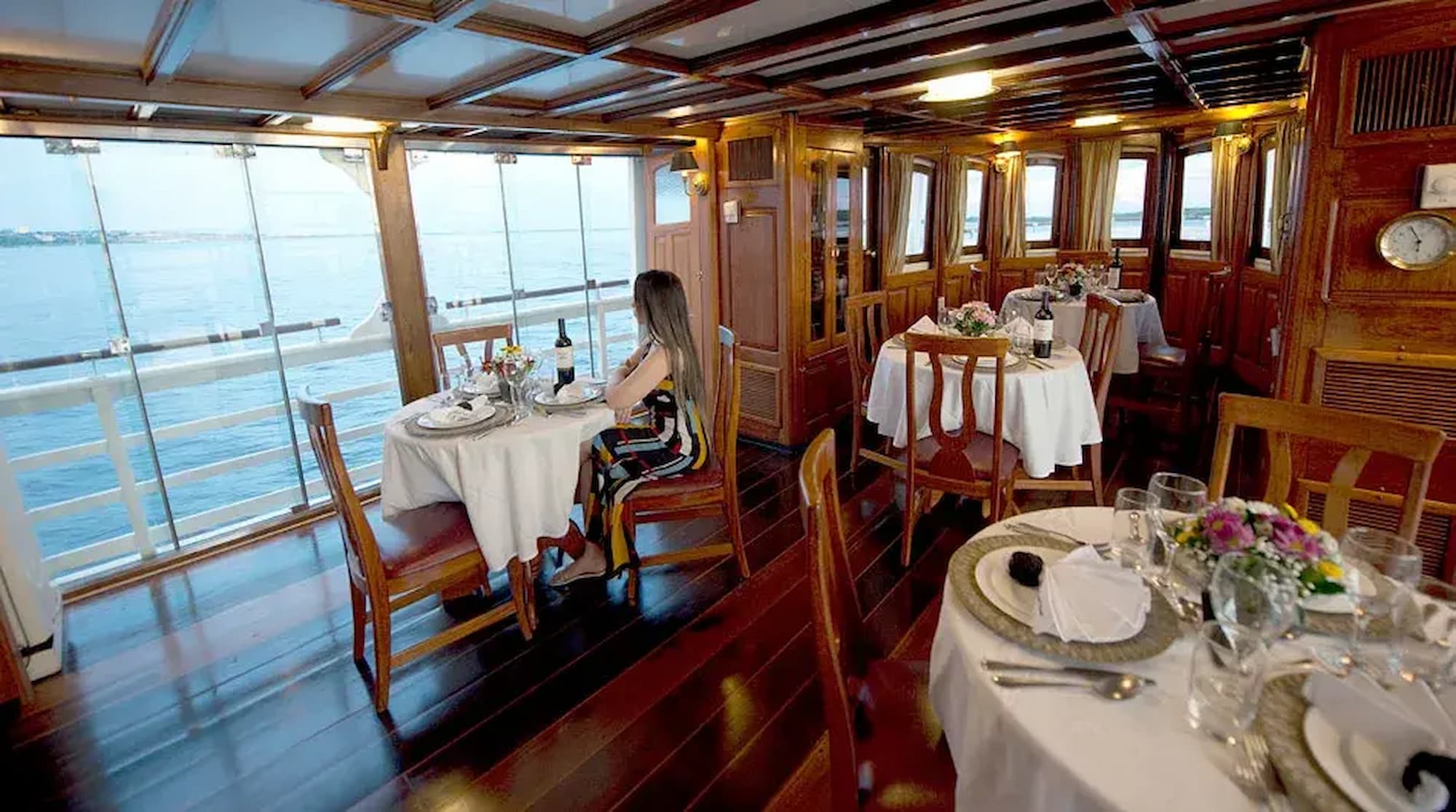 Dining room interior on Tucano river cruise boat in the Brazilian Amazon.