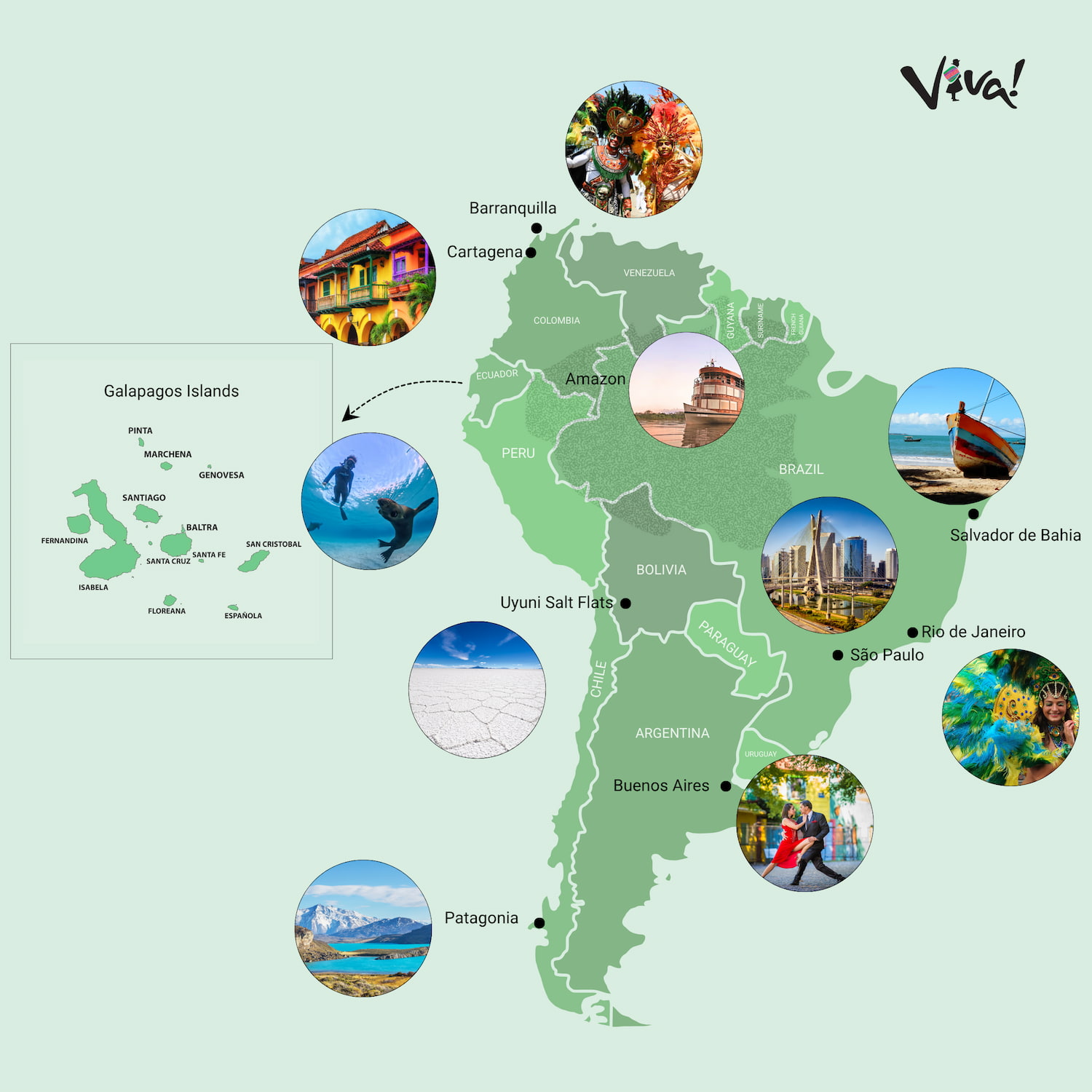 Map of South America showing the best places to visit in February