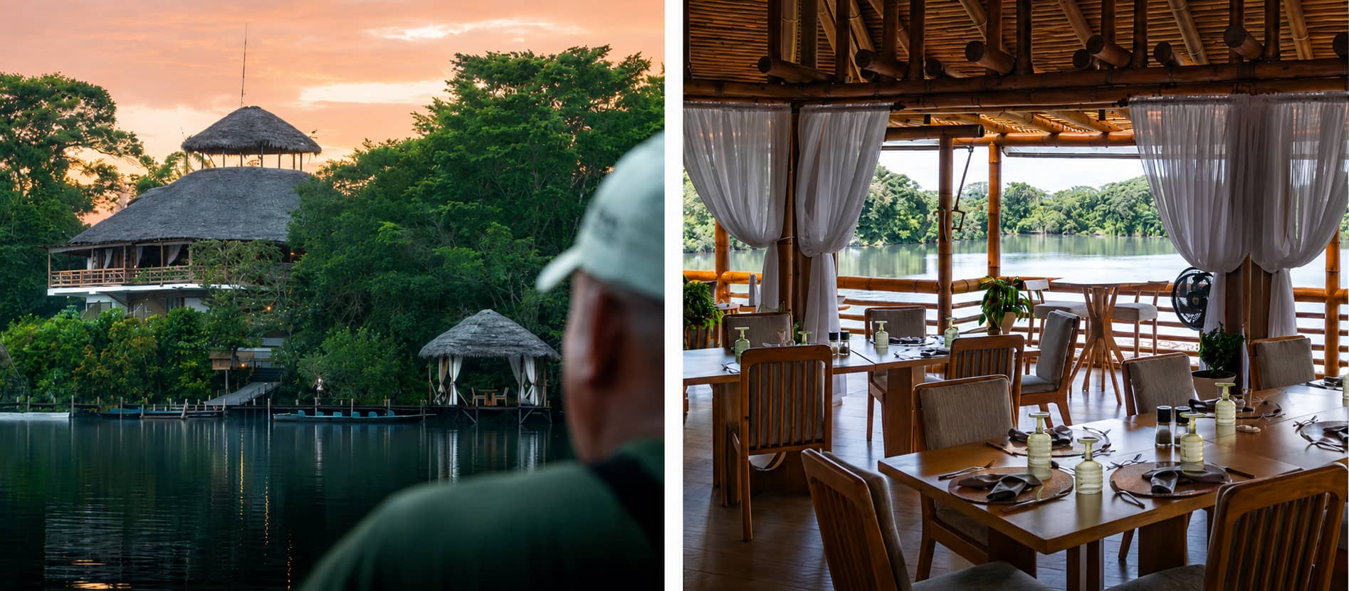 La Selva eco-lodge, showing exterior and dining room, in the Ecuadorian Amazon, Napo River basin.