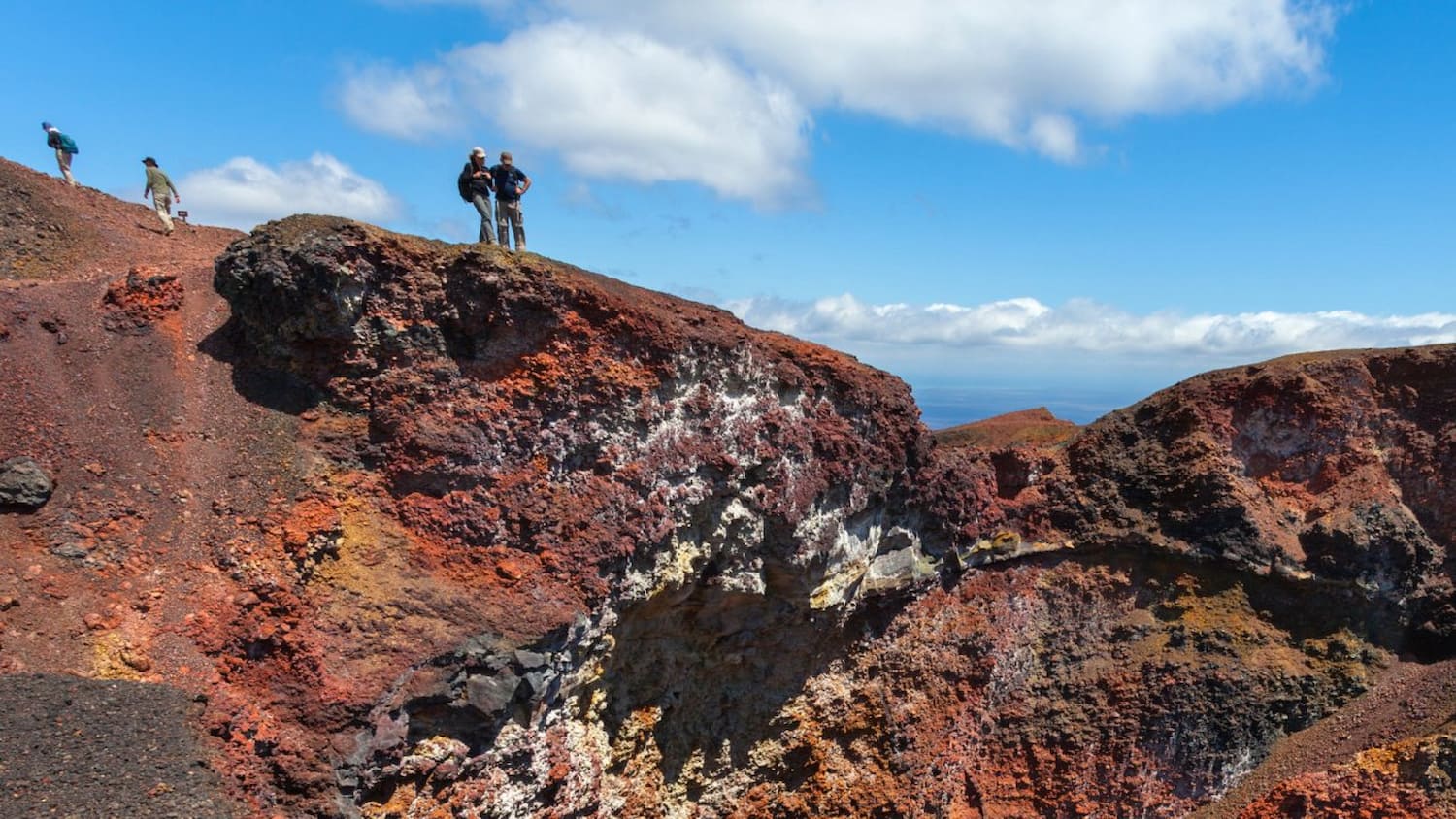 Guests hike through Sierra Negra Volcano for breathtaking crater views and lava landscapes
